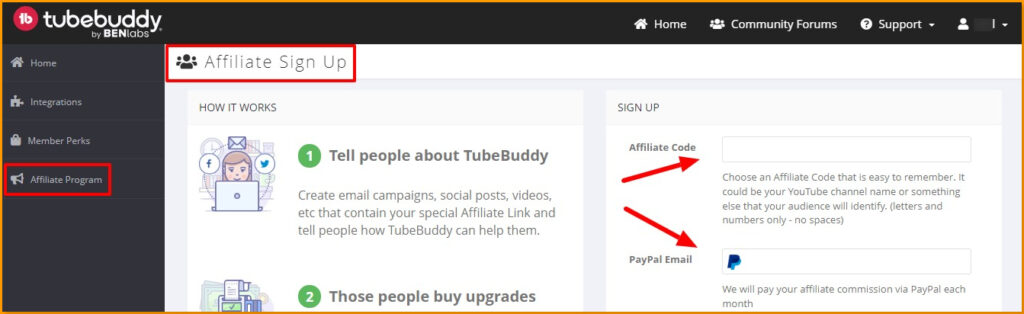 Tubebuddy Affiliate Program Signn Up Page